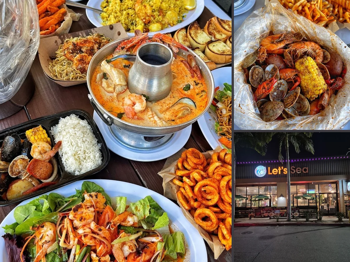 Thai and seafood dishes arranged on a table.