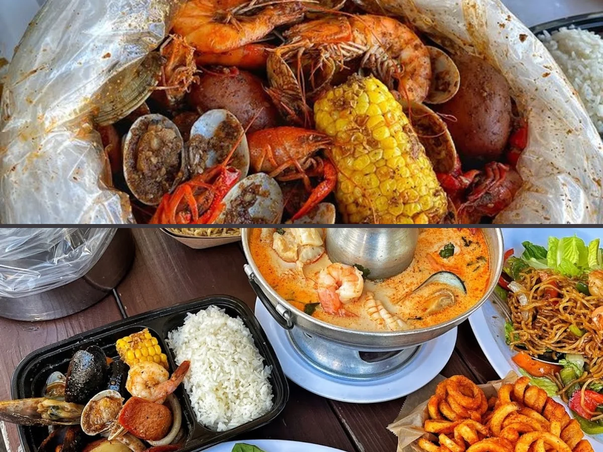 Thai and seafood dishes arranged on a table.