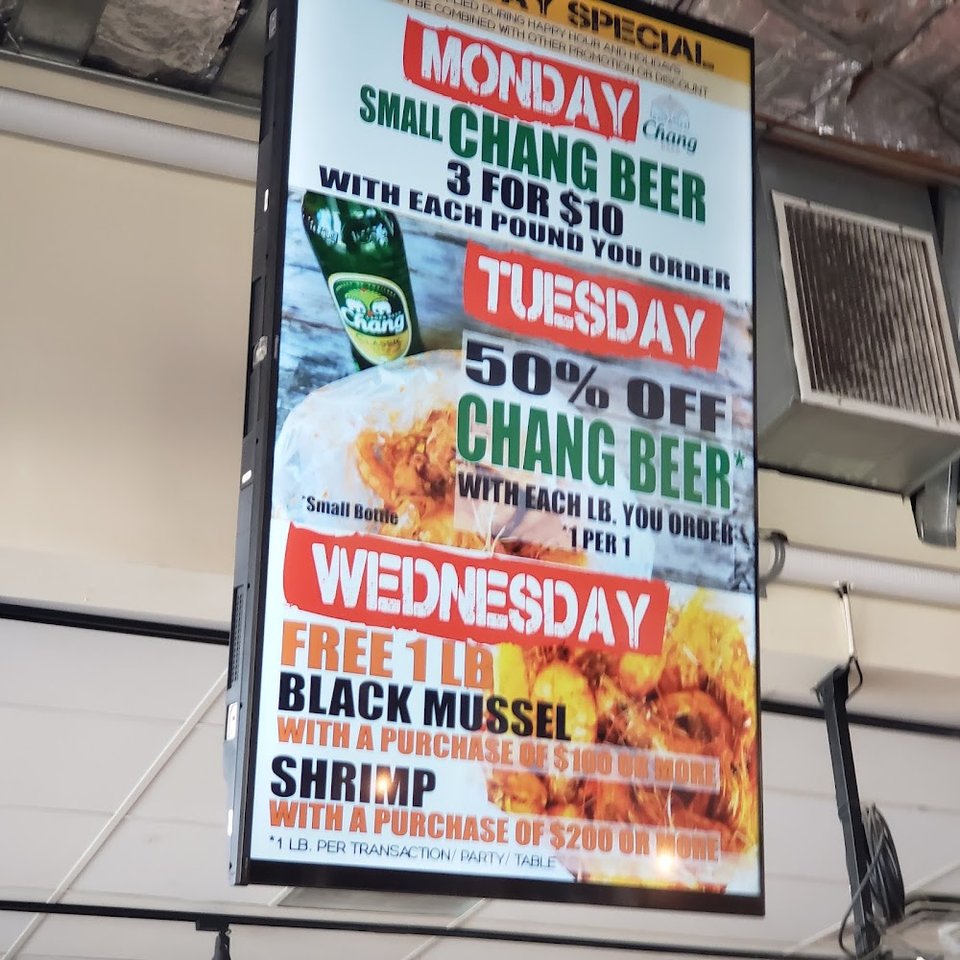Menu page showing seafood, noodles, and rice dishes.