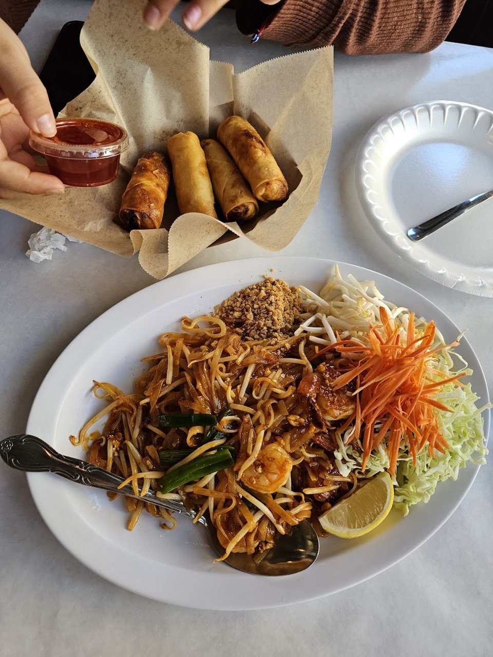 Shrimp Pad Thai and Egg Rolls